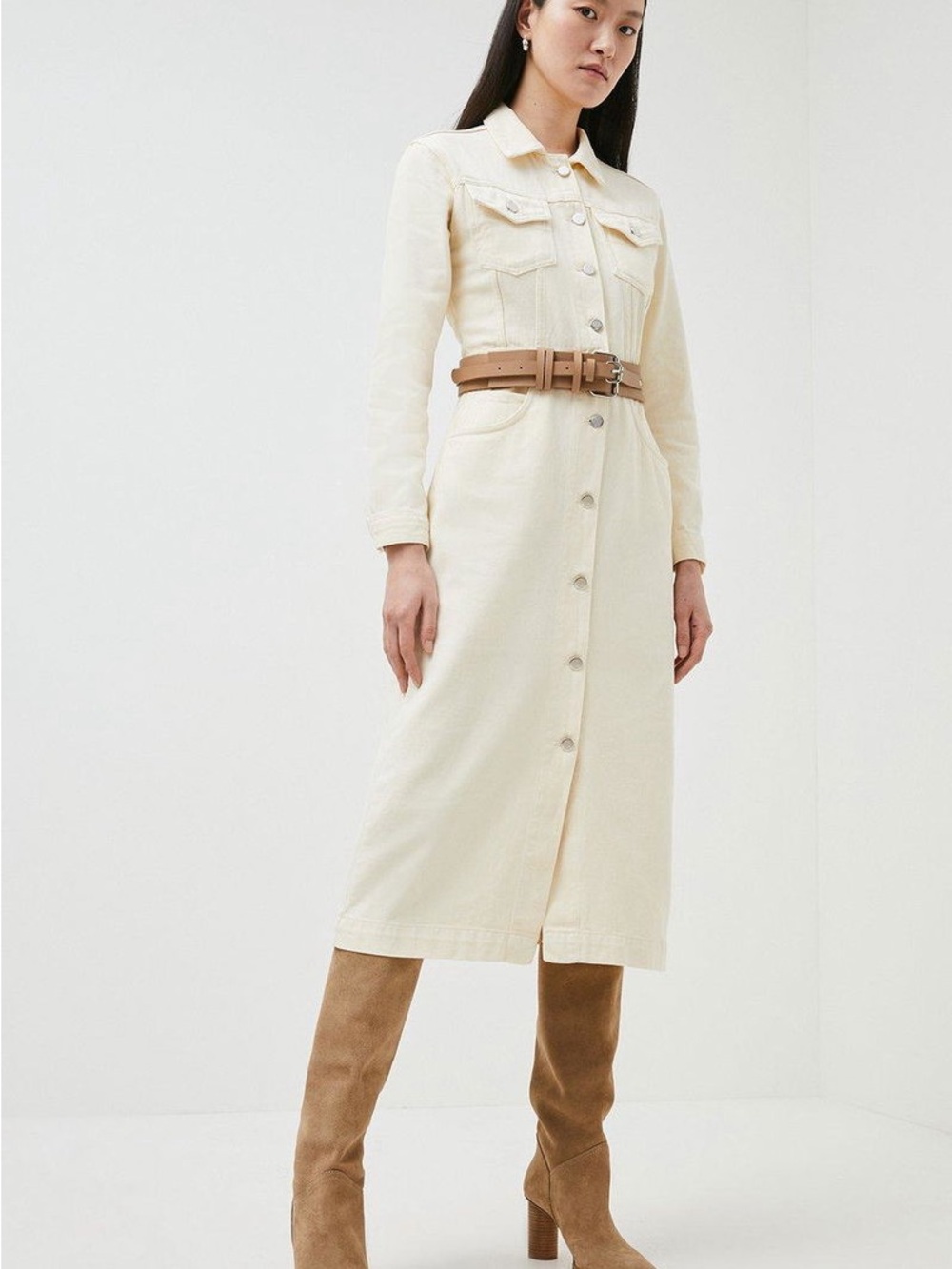 Karen Millen Cream Button-Down Long Sleeve Midi Dress